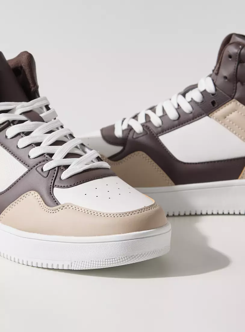 Colourblock High-Top Sneakers with Lace-Up Closure-2
