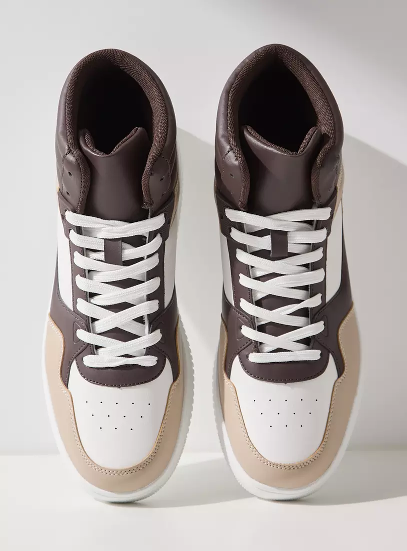 Colourblock High-Top Sneakers with Lace-Up Closure-3