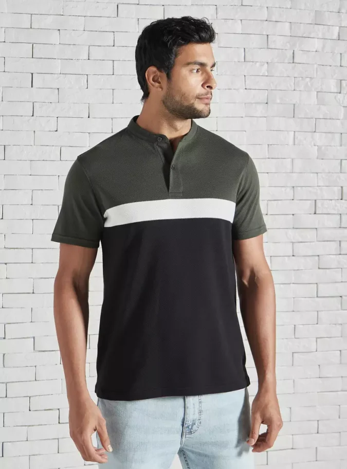 Colourblock Polo T-shirt with Mandarin Collar-1