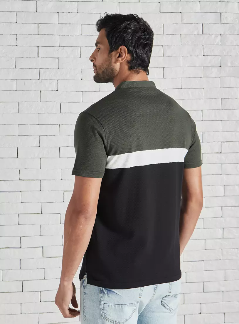 Colourblock Polo T-shirt with Mandarin Collar-2