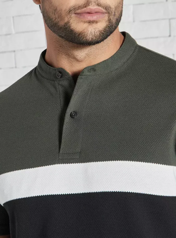 Colourblock Polo T-shirt with Mandarin Collar-3