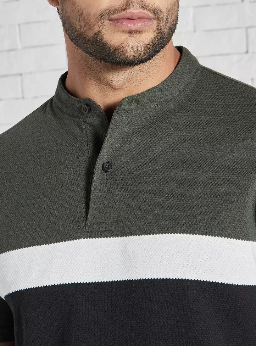 Colourblock Polo T-shirt with Mandarin Collar-3