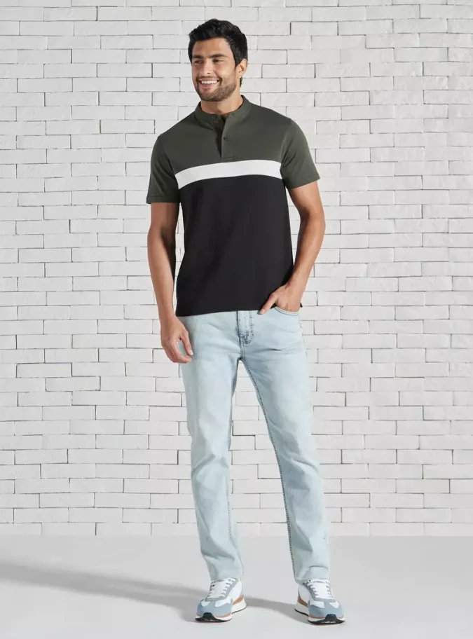 Colourblock Polo T-shirt with Mandarin Collar-4