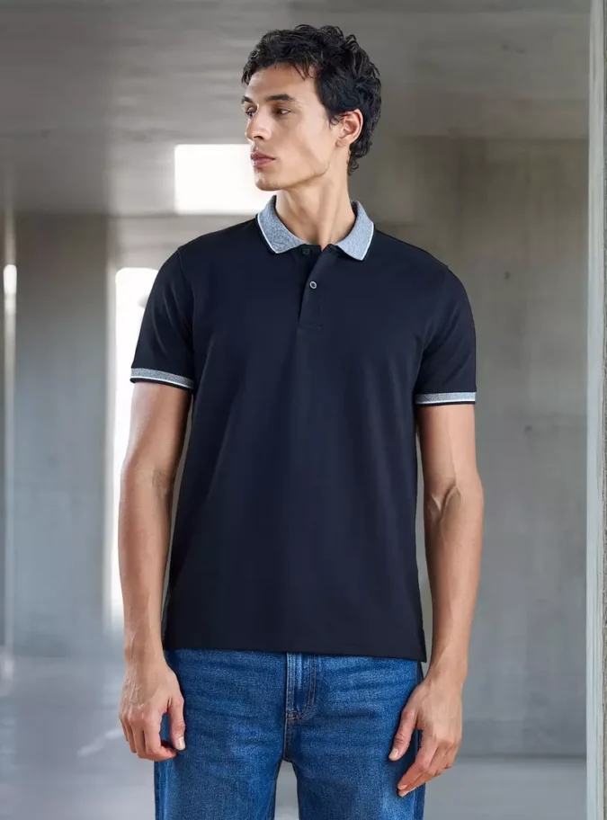 Colourblock Polo T-shirt with Short Sleeves-1