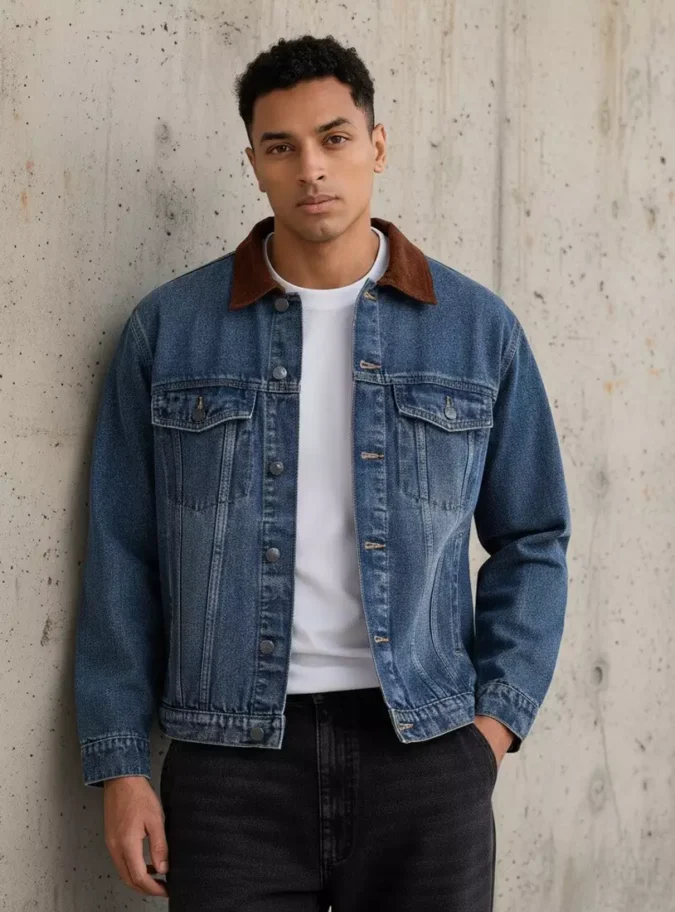 Denim Trucker Jacket with Corduroy Collar-1