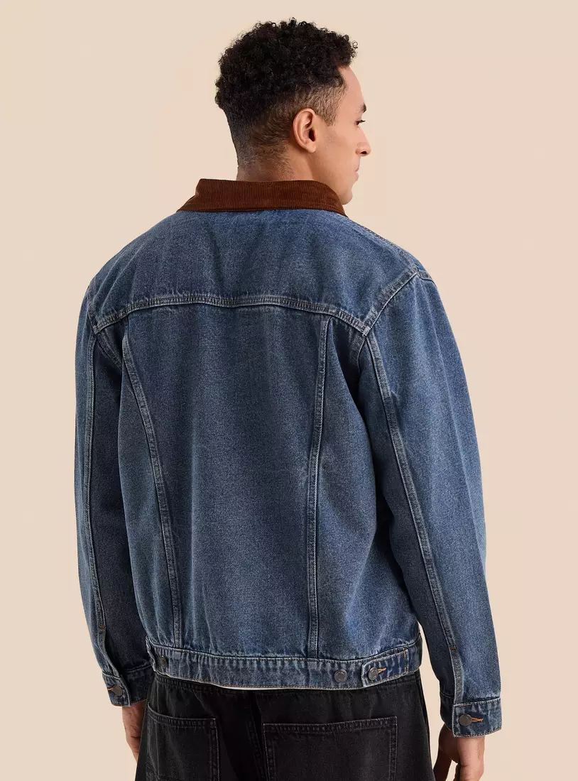 Denim Trucker Jacket with Corduroy Collar-2