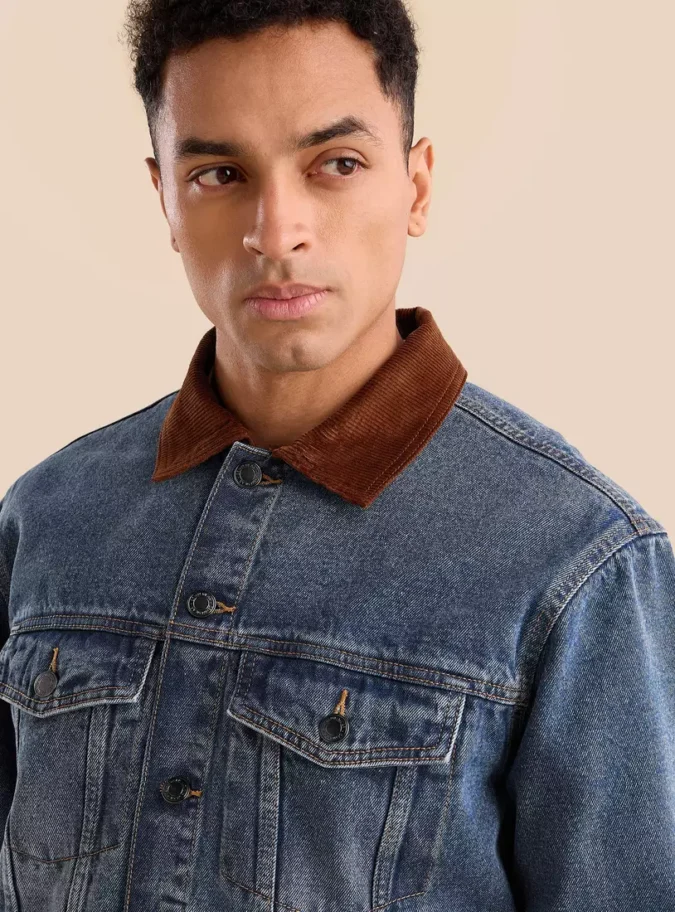 Denim Trucker Jacket with Corduroy Collar-3