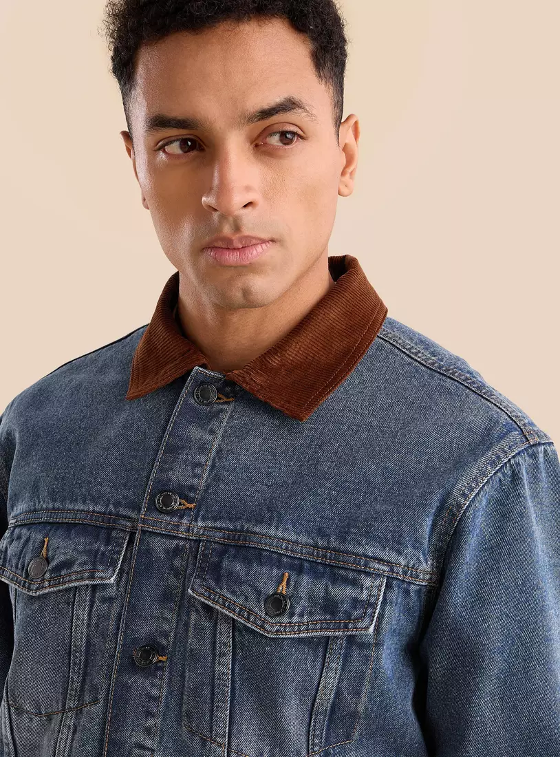 Denim Trucker Jacket with Corduroy Collar-3