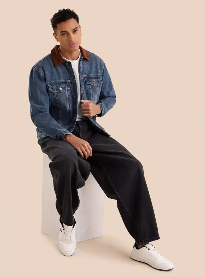 Denim Trucker Jacket with Corduroy Collar-4