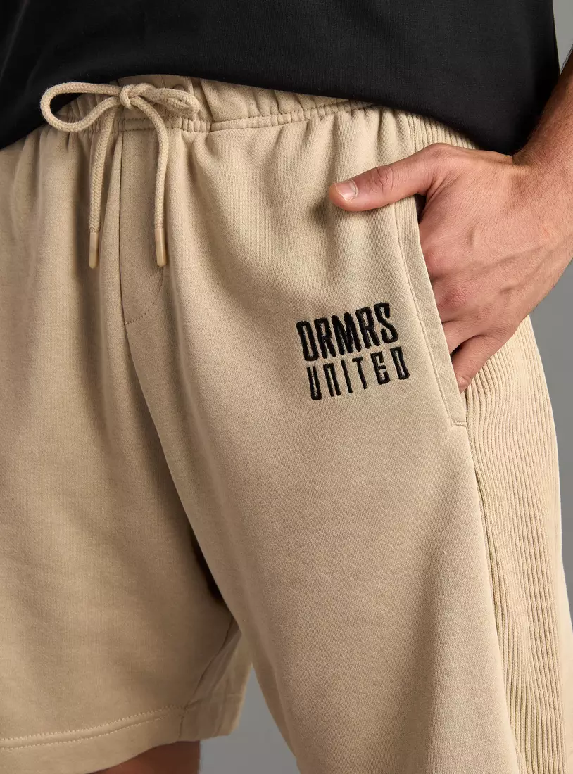 Embroidered Relaxed Fit Side Ribbed Shorts-3