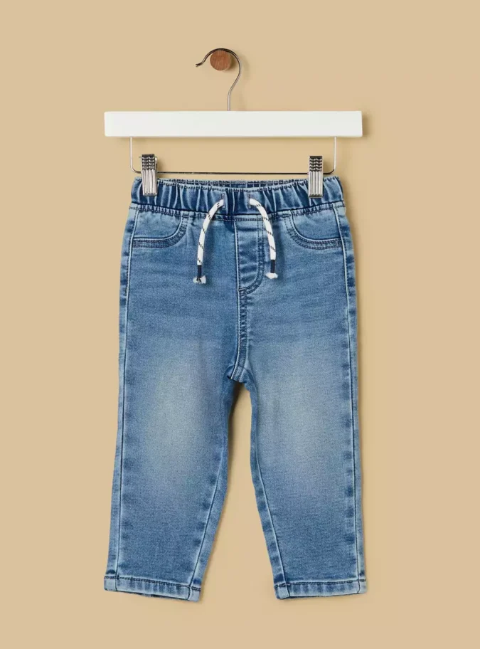 Full Length Plain Denim Jeans with Drawstring and Pocket Detail-1