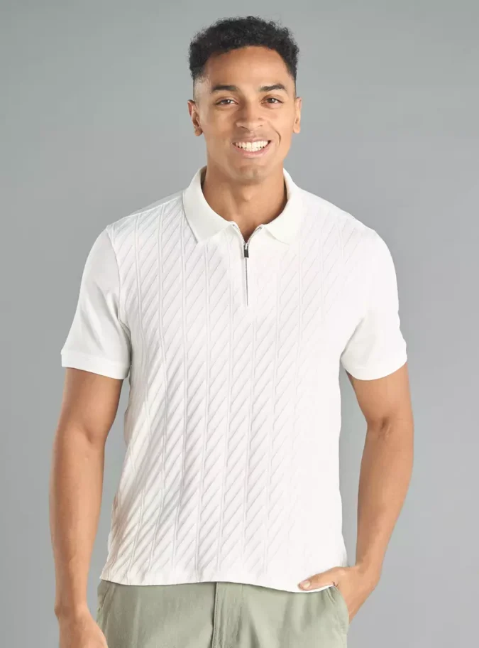Jacquard Textured Polo T-shirt with Half Zip Closure-1