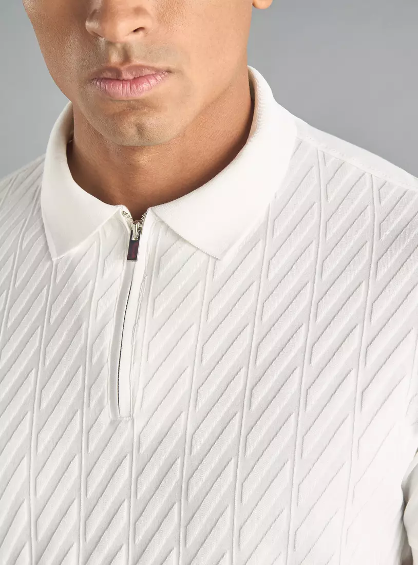 Jacquard Textured Polo T-shirt with Half Zip Closure-3