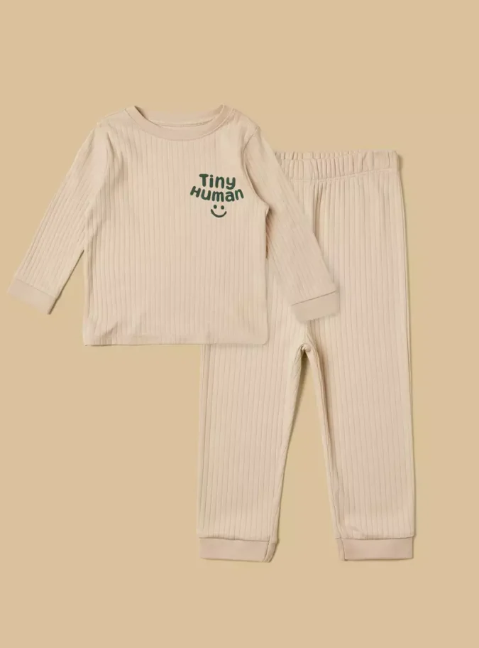 Pack of 2 - Ribbed Slogan Print Cotton Pyjama Set-1
