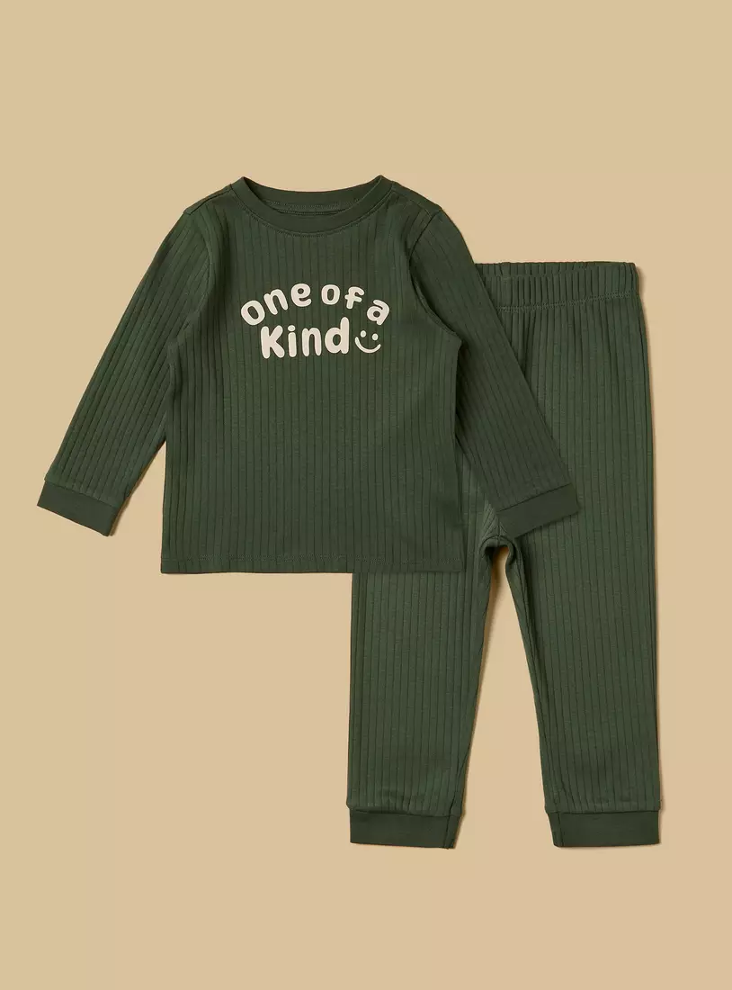 Pack of 2 - Ribbed Slogan Print Cotton Pyjama Set-2