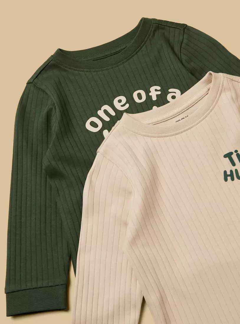 Pack of 2 - Ribbed Slogan Print Cotton Pyjama Set-4