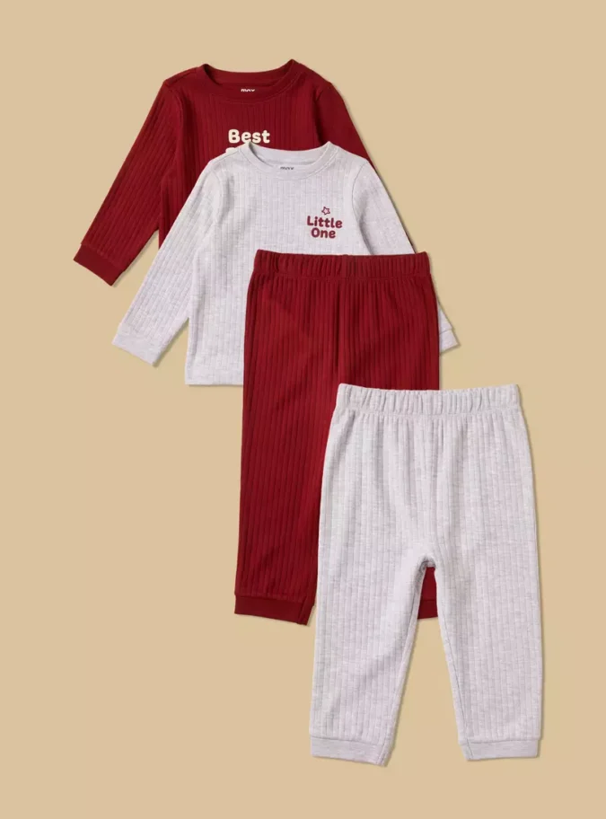 Pack of 2 - Slogan Print Ribbed Cotton Pyjama Set-1