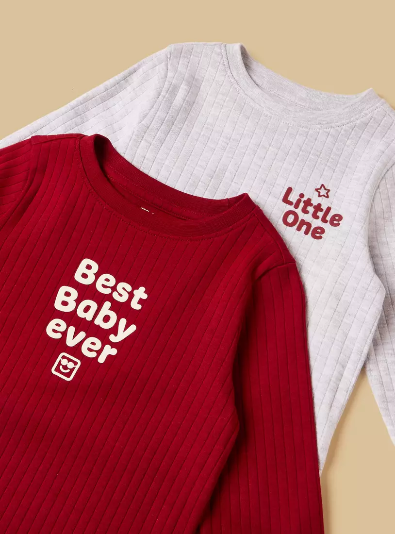 Pack of 2 - Slogan Print Ribbed Cotton Pyjama Set-3