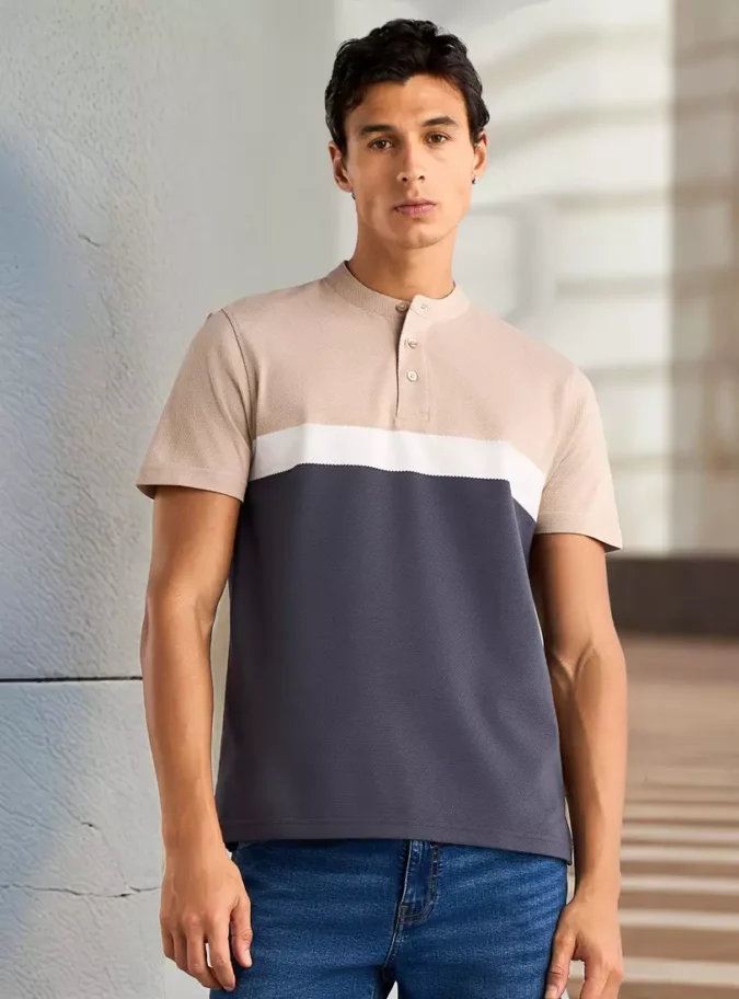 Panelled Mandarin Collar Better Cotton Polo T-shirt-1