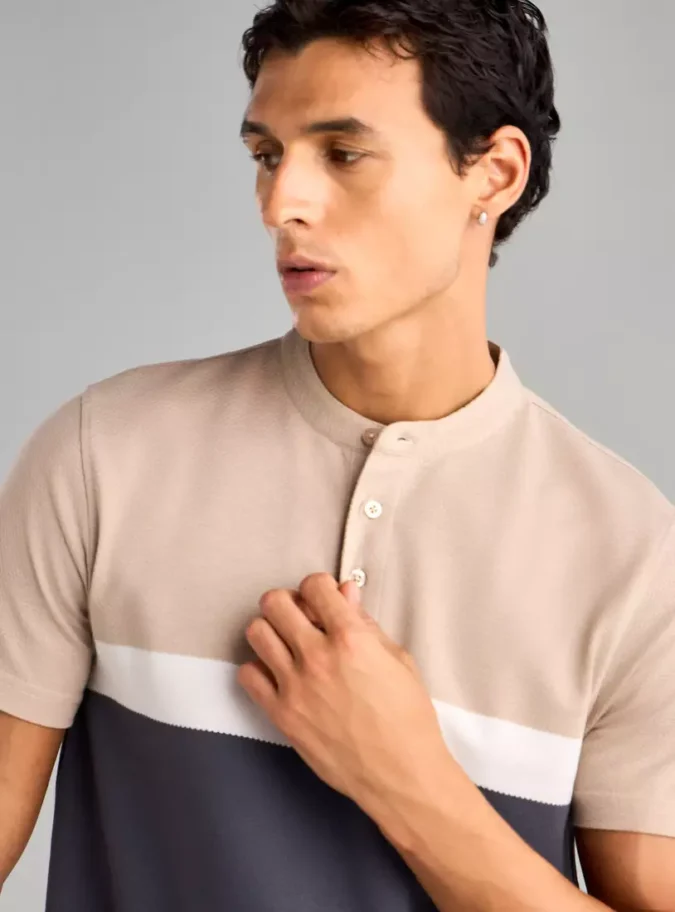 Panelled Mandarin Collar Better Cotton Polo T-shirt-3
