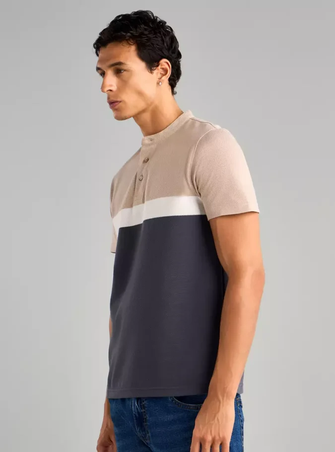 Panelled Mandarin Collar Better Cotton Polo T-shirt-4