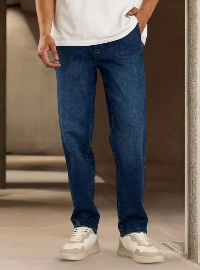 Plain Jeans with Drawstring Closure and Pockets-1