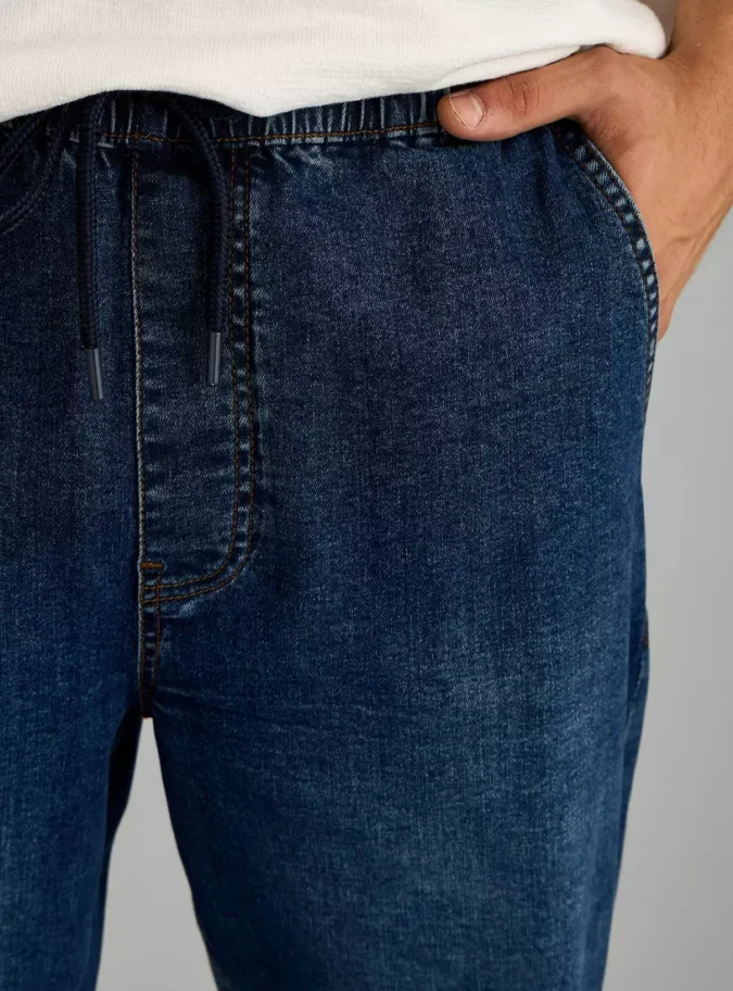 Plain Jeans with Drawstring Closure and Pockets-3