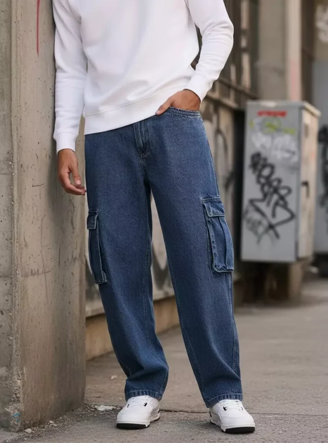 Plain Loose Fit Cargo Jeans-1