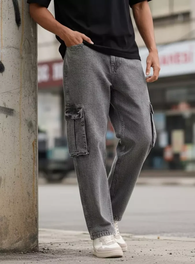 Plain Loose Fit Cargo Jeans=1