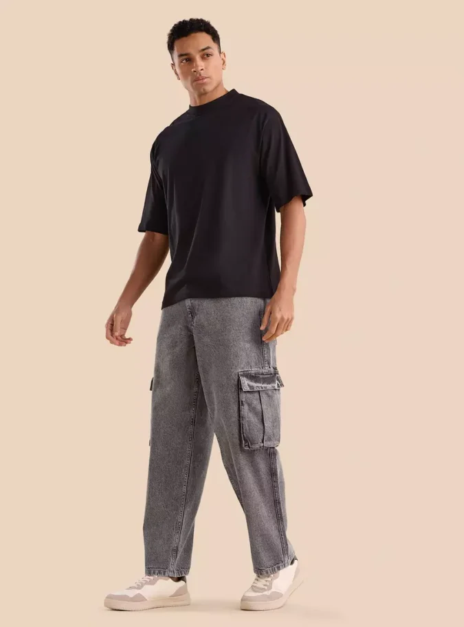 Plain Loose Fit Cargo Jeans=4