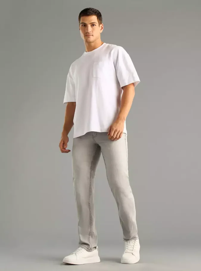 Plain Straight Cut Jeans with Pockets-4