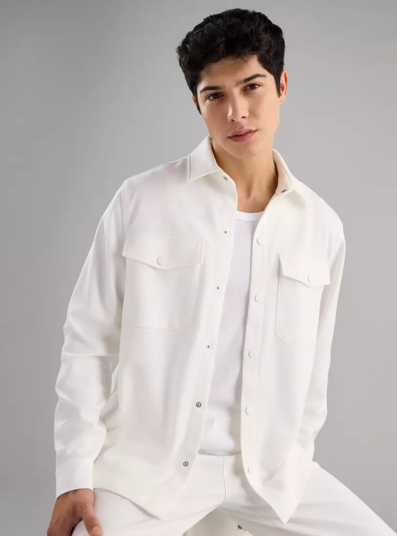 Plain Twill Shacket with Flap Pockets-4