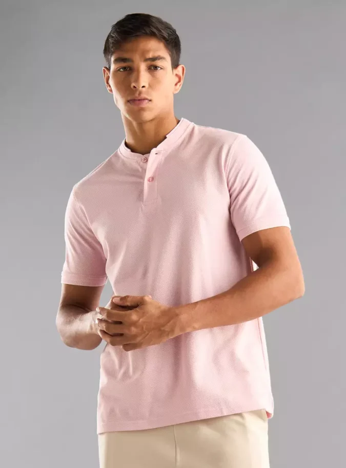 Popcorn Textured Mandarin Collar Polo T-shirt-1