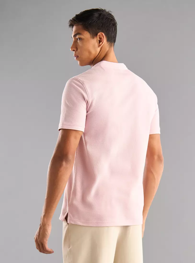 Popcorn Textured Mandarin Collar Polo T-shirt-2