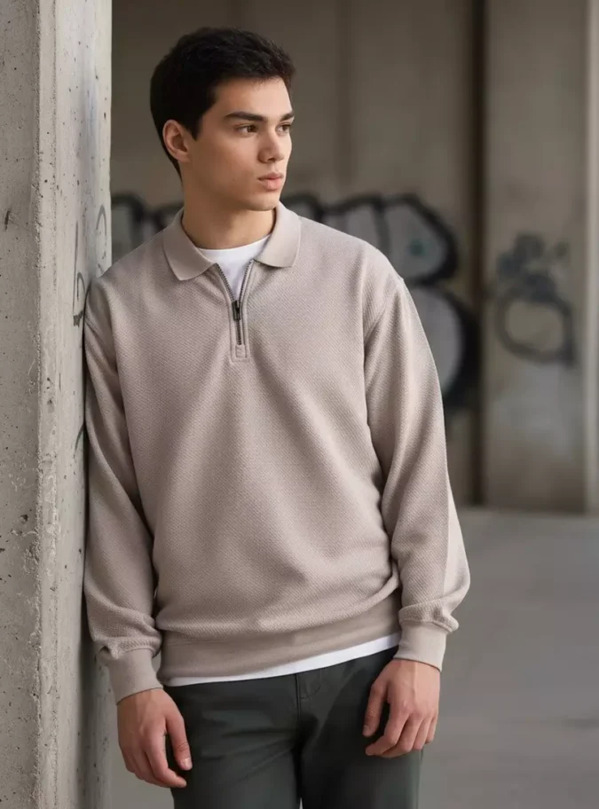 Quilted Jacquard Polo Sweatshirt-1