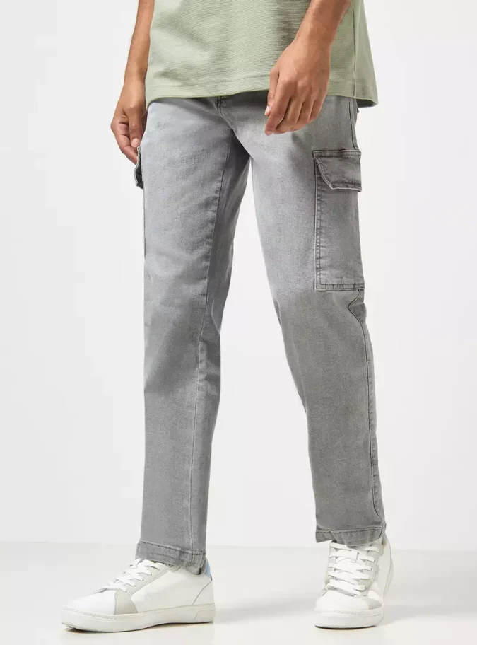 Relaxed Fit Plain Cargo Jeans-1