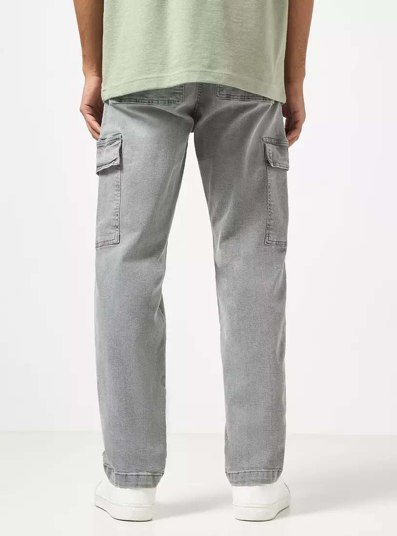 Relaxed Fit Plain Cargo Jeans-2