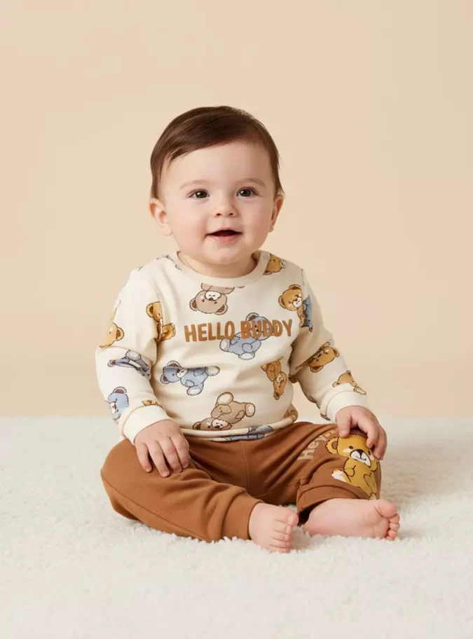 Teddy Bear Print Cotton Pyjama Set-1