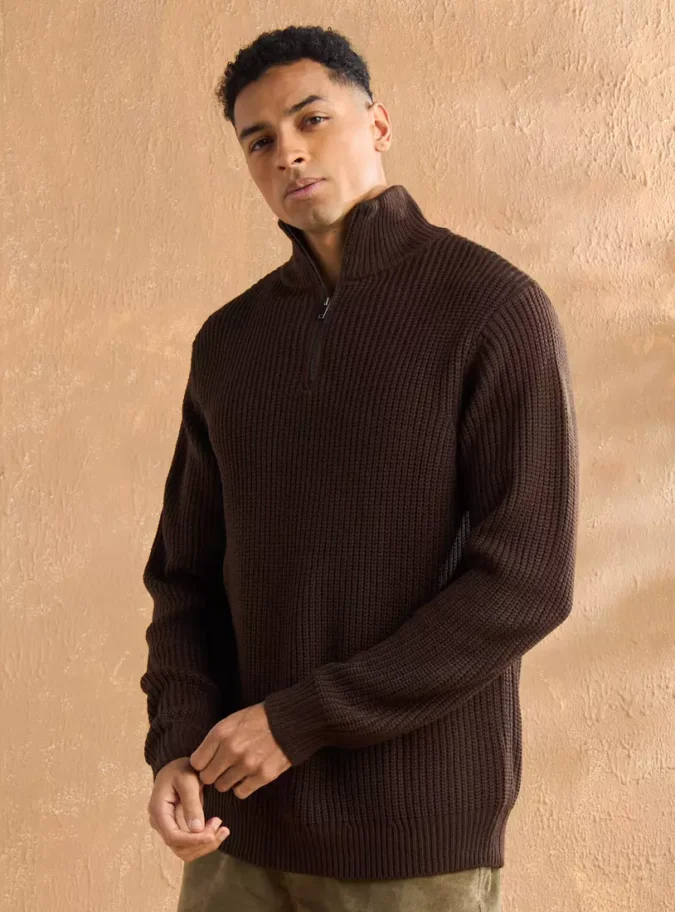 Textured High Neck Sweater with Half Zip-1