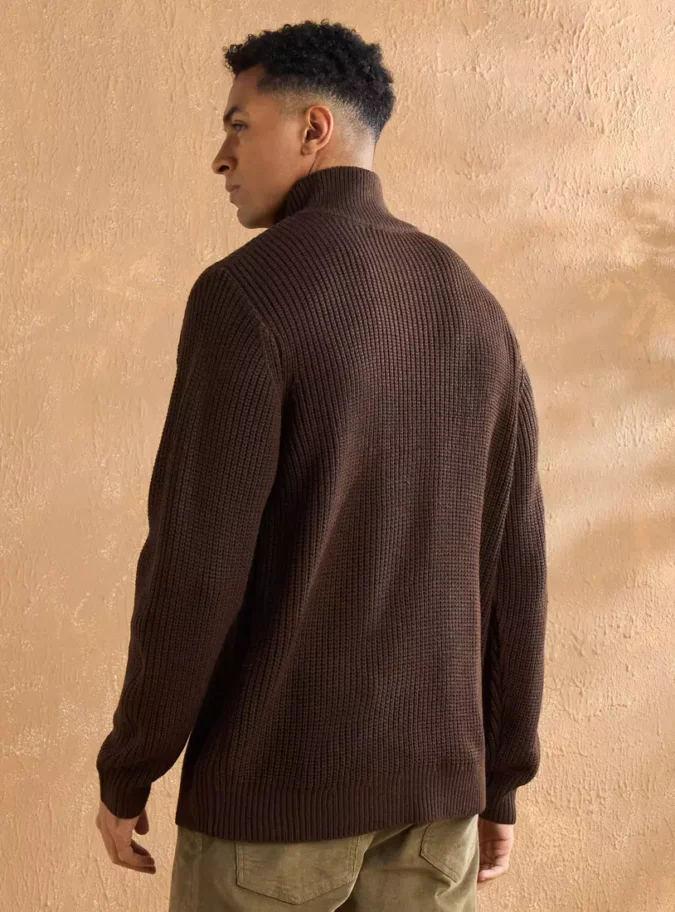 Textured High Neck Sweater with Half Zip-2