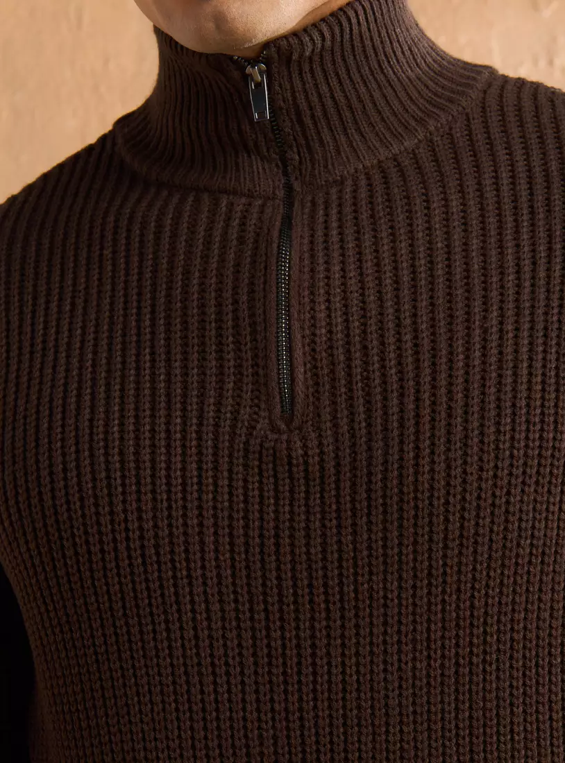Textured High Neck Sweater with Half Zip-3