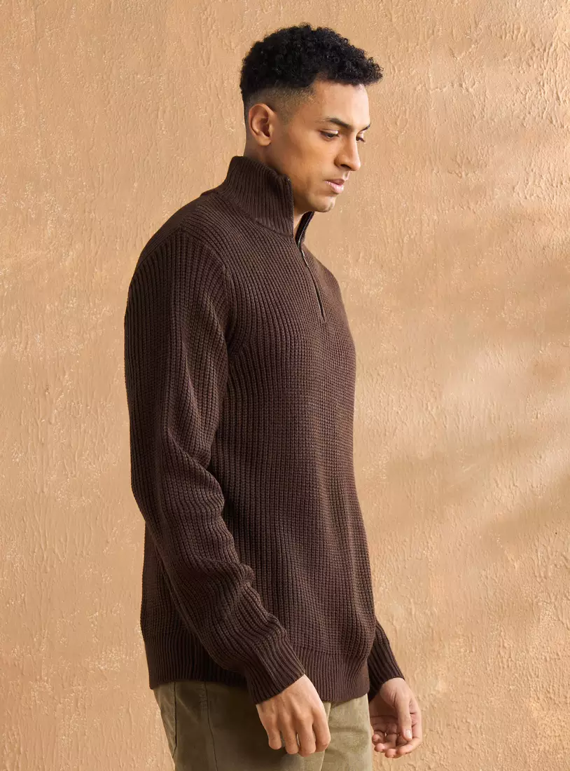 Textured High Neck Sweater with Half Zip-4