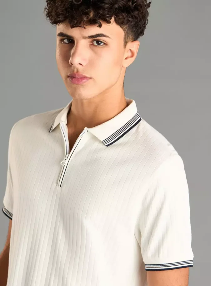 Textured Polo T-shirt with Short Sleeves-3