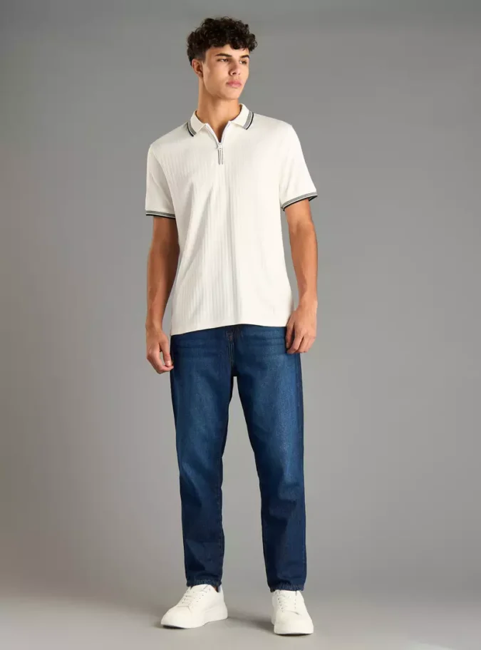 Textured Polo T-shirt with Short Sleeves-4