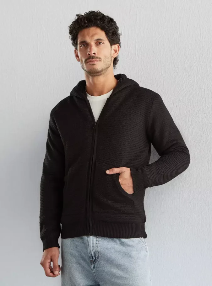 Textured Zip Through Hooded Sweater-1