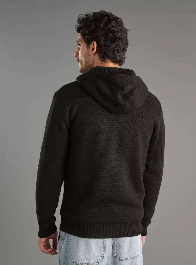 Textured Zip Through Hooded Sweater-2