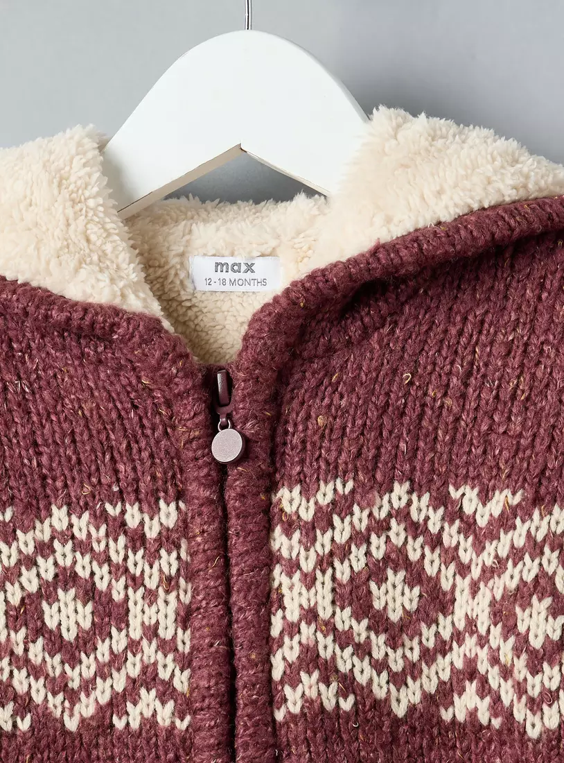 Textured Zip Through Hooded Sweater-3