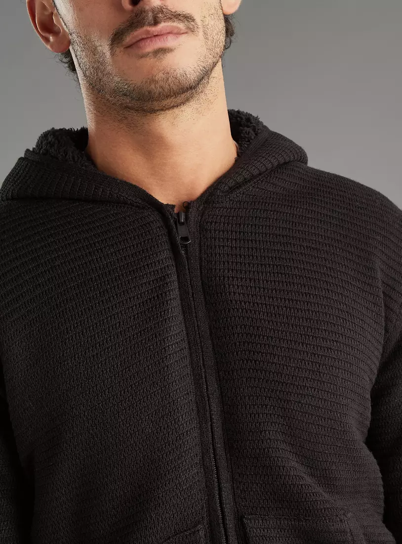 Textured Zip Through Hooded Sweater-3