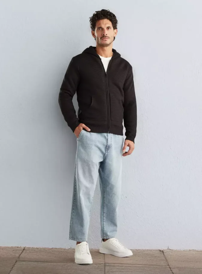 Textured Zip Through Hooded Sweater-4