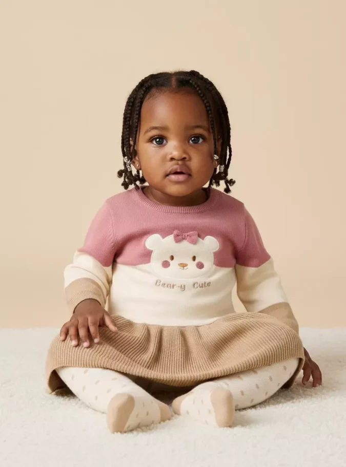 Bear Applique Sweater Dress with Tights-1